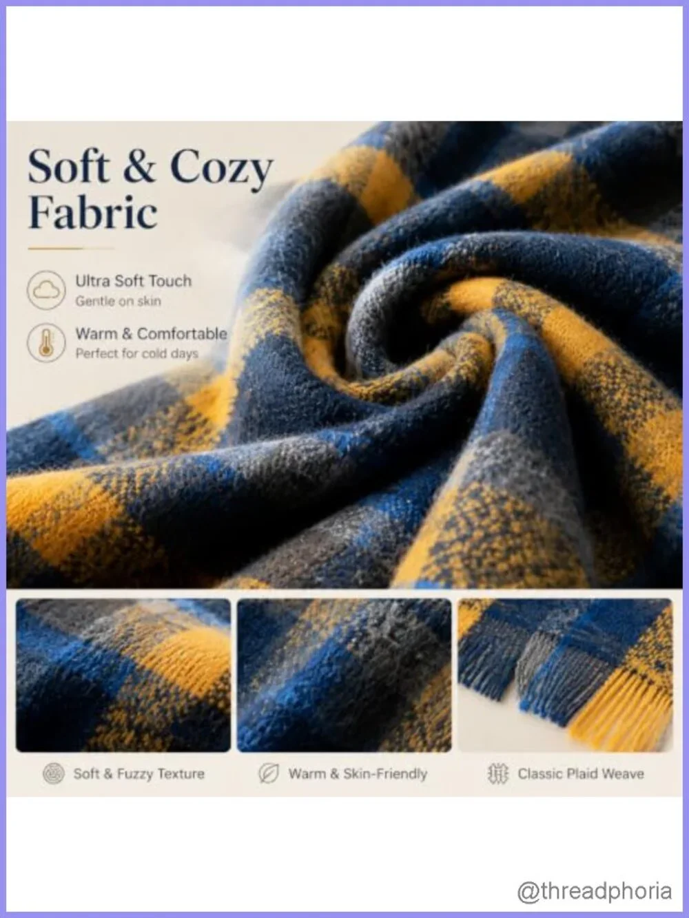 Oversized Plaid Scarf Shawl Wrap 100% Polyester